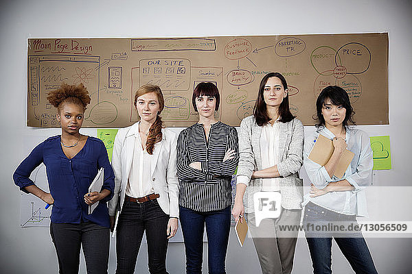 Portrait of confident businesswomen standing in creative office
