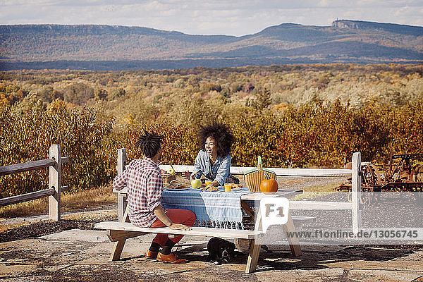 Fröhliches Paar am Picknicktisch an einem sonnigen Tag
