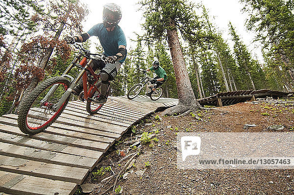 Cyclists riding bicycle on sports ramp in forest