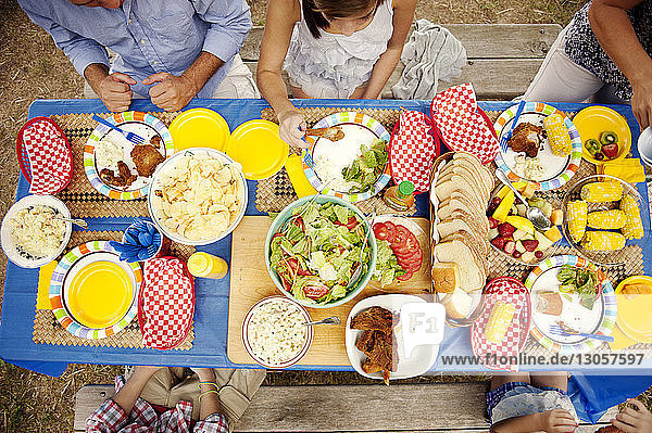 Draufsicht auf die Familie beim Essen am Picknicktisch