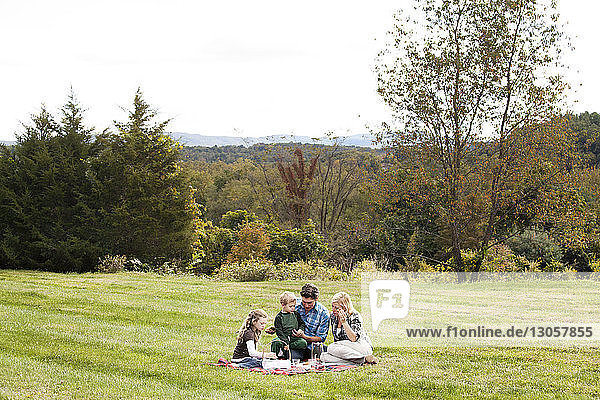 Family enjoying picnic on grassy field