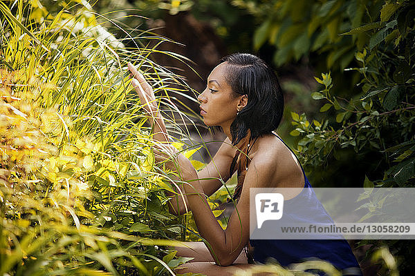 Seitenansicht einer Frau,  die Pflanzen im Hof betrachtet