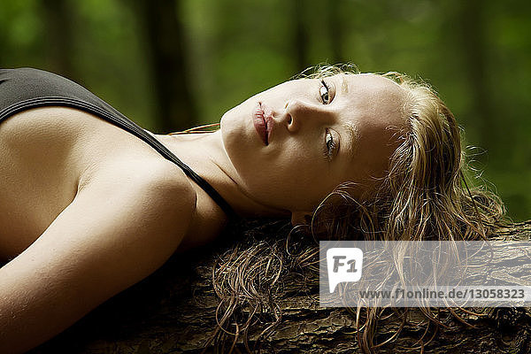 Bildnis einer sinnlichen Frau auf einem Baumstamm liegend