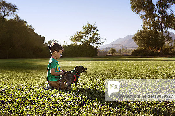 Boy with dog kneeling on grassy field at park