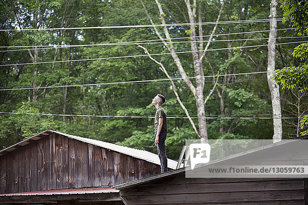 Seitenansicht eines Teenagers  der auf einem Dach gegen Bäume steht
