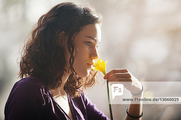 Teenager-Mädchen riecht Blume