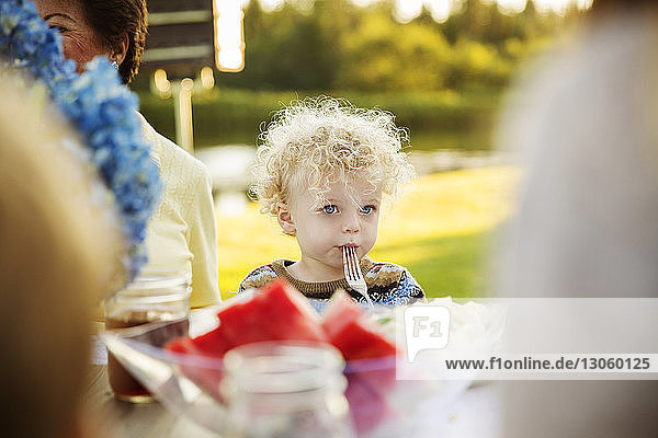Boy eating food with grandmother on picnic table