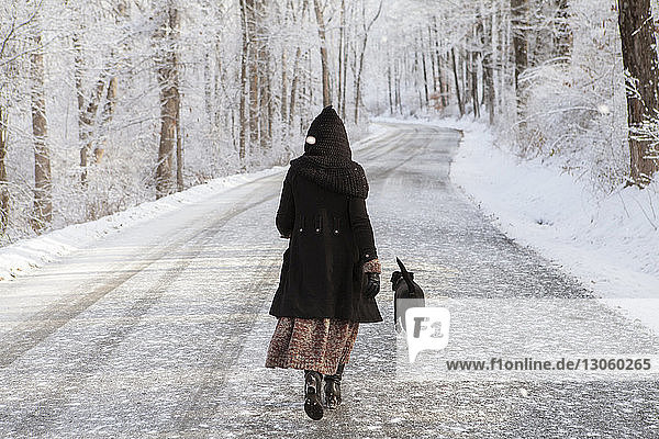 Rear view of woman walking with dog on road during winter