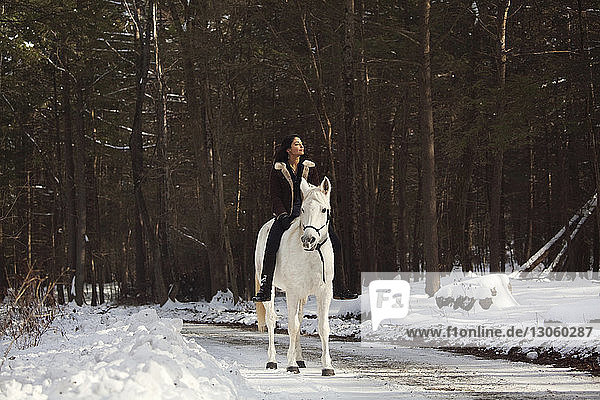 Frau schaut weg  während sie auf einem weißen Pferd an Bäumen sitzt
