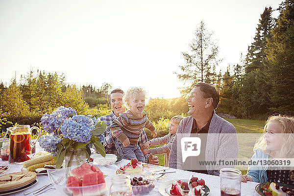 Cheerful family enjoying at picnic table on sunny day