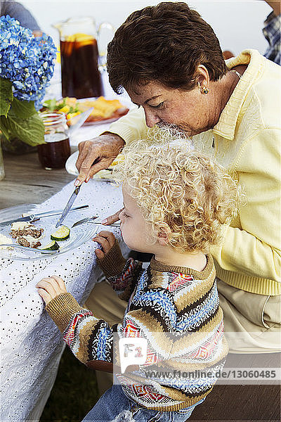 High angle view of grandmother feeding grandson on picnic table