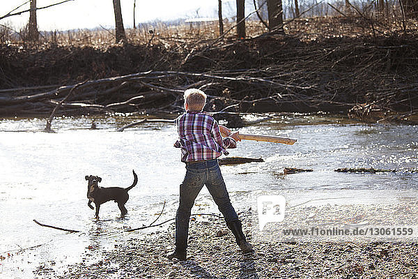 Rear view of teenage boy playing with dog by river