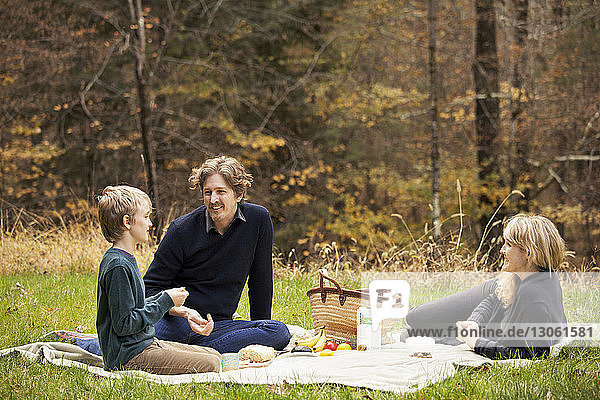 Family enjoying picnic on grassy field
