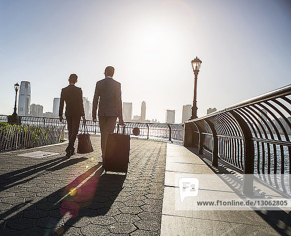 Rear view of businessmen walking with luggage while walking on promenade during sunny day