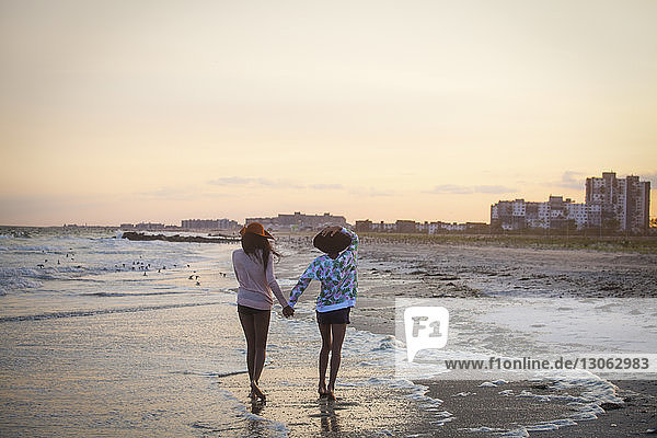 Rückansicht: Freunde halten sich beim Strandspaziergang an der Küste an den Händen