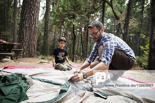Father and son setting tent in forest