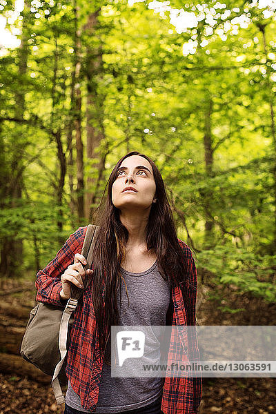Frau mit Rucksack schaut im Wald stehend nach oben