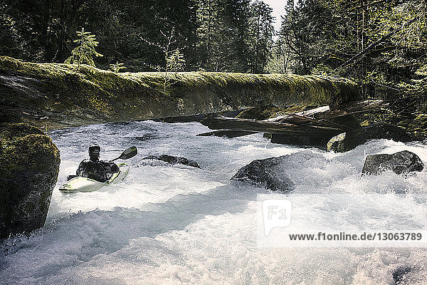 Mann kajakend im Fluss im Wald