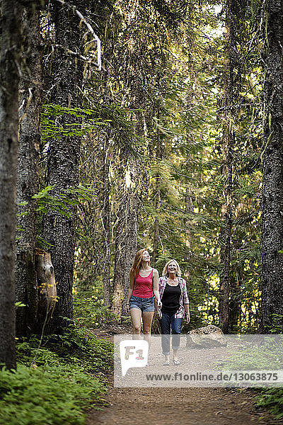Glückliche Mutter und Tochter gehen auf einem Pfad zwischen Bäumen im Wald