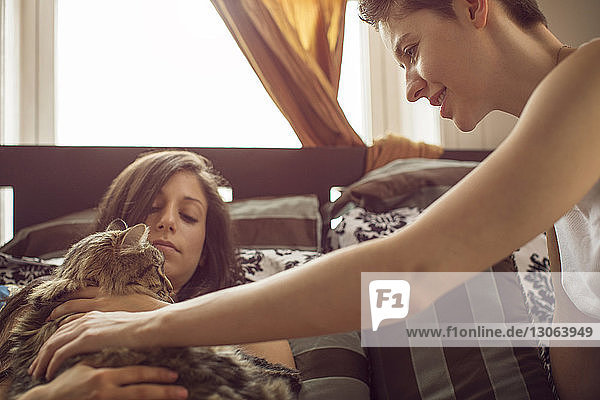 Frauen schauen der Katze zu  während sie sich zu Hause im Bett entspannen
