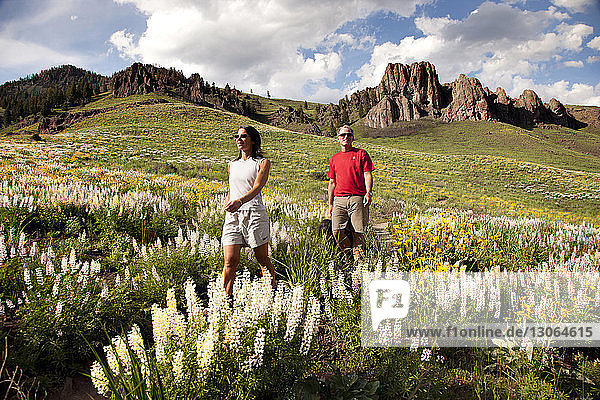Couple walking on field against mountains