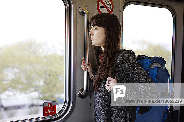 Frau schaut weg  während sie im Zug an der Tür steht
