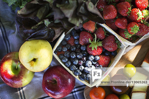 Hochwinkelansicht von Früchten auf einer Picknickdecke