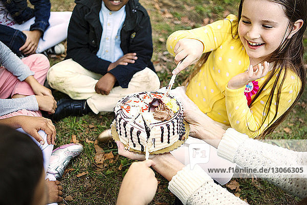 Mädchen schneidet Geburtstagskuchen an  während sie auf dem Feld im Park sitzt