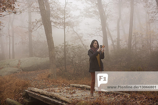 Frau fotografiert durch ein Smartphone  während sie auf einer Fußgängerbrücke im Wald steht