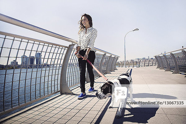 Smiling woman walking with dog by railing on bridge against clear sky