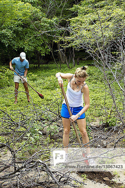 Freiwillige graben Erde aus  während sie auf einem Feld im Wald stehen