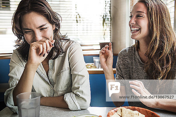 Happy women sitting in restaurant