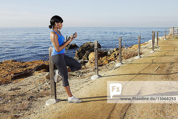 Seitenansicht einer Frau  die ein Smartphone benutzt  während sie sich an der Reling auf der Straße gegen das Meer lehnt