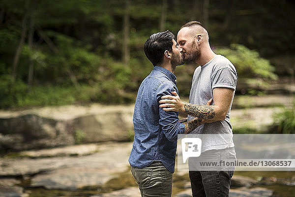 Homosexual couple kissing in forest