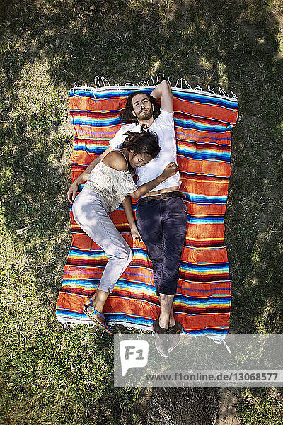 Draufsicht auf ein Paar  das im Park auf einer Decke liegt