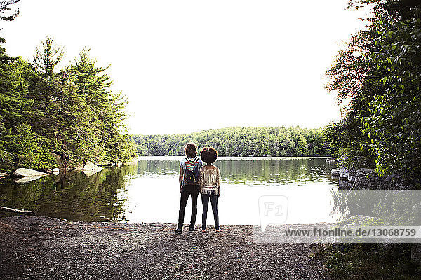 Rear view of couple looking at lake while standing on rock against clear sky