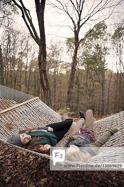 Full length of friends lying on hammock against trees