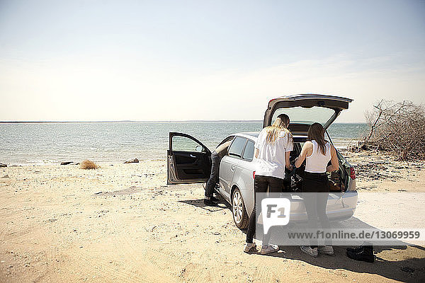 Rear view of friends by car on shore at beach