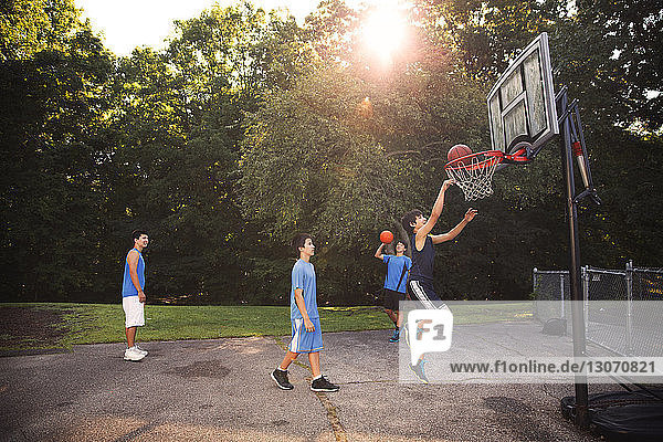 Spieler  die an sonnigen Tagen Basketball auf dem Platz gegen Bäume spielen