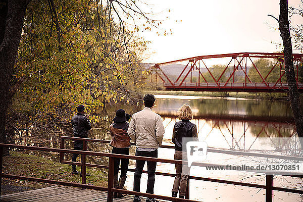 Rear view of friends standing on footbridge looking at lake by trees during winter