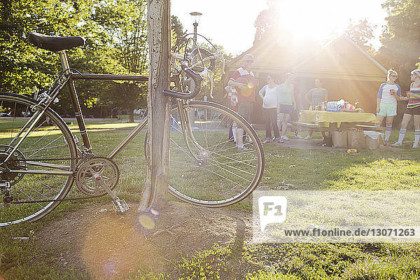 Fahrrad am Pfahl auf Grasfeld geparkt  während Freunde im Hintergrund stehen