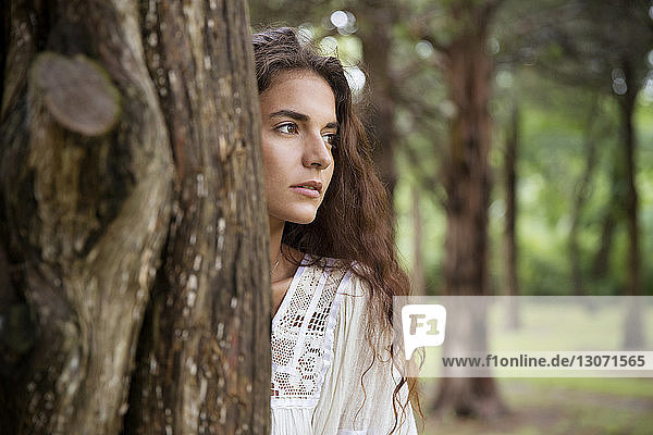 Woman looking away while standing behind tree trunk in forest