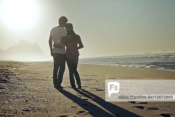 Rear view of couple standing at beach against clear sky