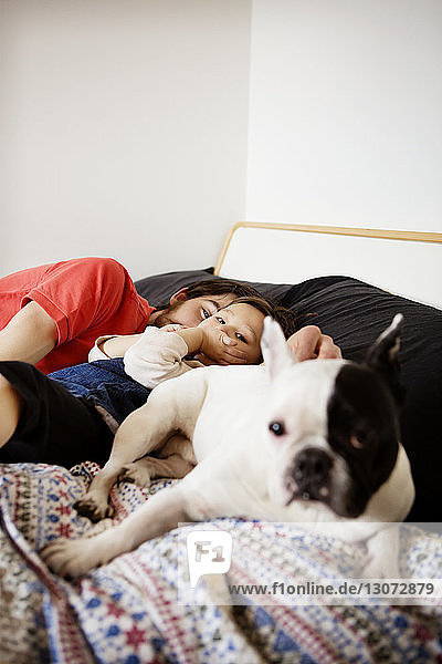 Porträt eines schlafenden Mannes mit Tochter und Hund im Bett