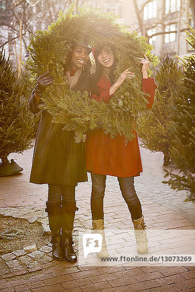 Portrait of cheerful friends looking through Christmas wreath