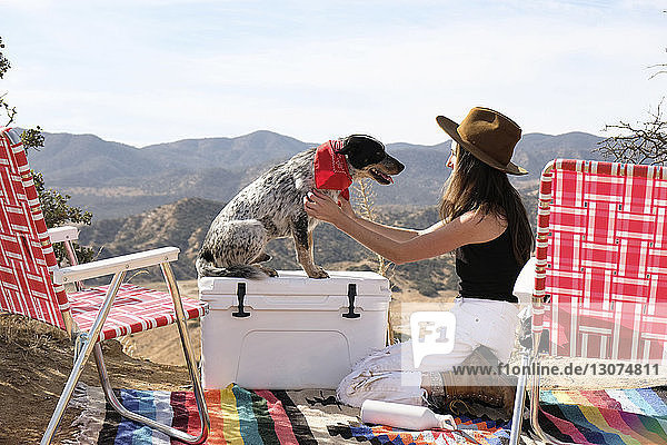 Seitenansicht einer jungen Frau  die mit einem Hund auf einer Picknickdecke auf einem Campingplatz vor den Bergen spielt