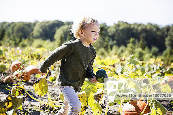 Boy carrying pumpkin while running in farm