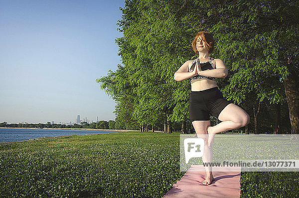 Woman practicing tree pose yoga at park by sea against trees and clear sky