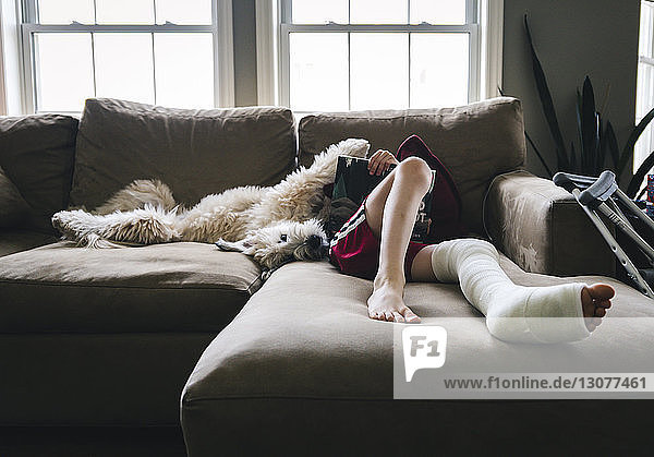 Low section of boy with fractured leg reading book while lying by dog on sofa at home