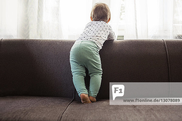 Rückansicht eines kleinen Mädchens  das durch das Fenster schaut  während es zu Hause auf dem Sofa steht